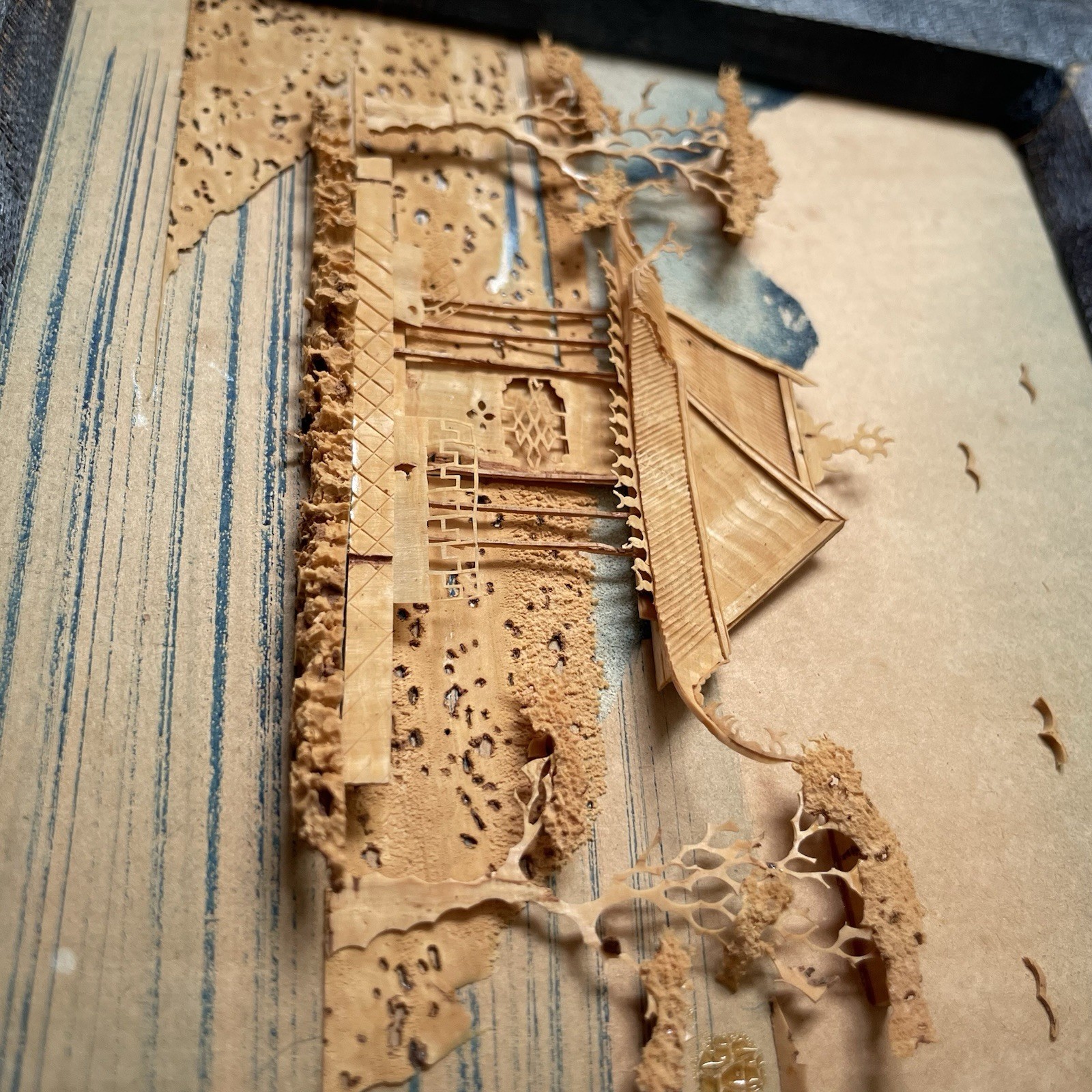 Antique 1930s Chinese Cork Carving Art 3D Pagoda Diorama W/ Birds Trees Framed