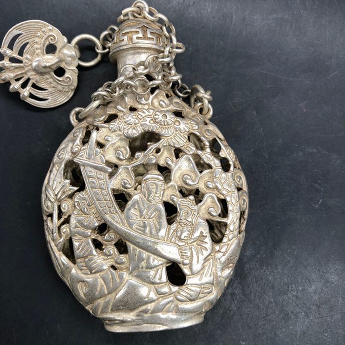 Vintage Chinese Silver Plated Copper Openwork Incense Sachet Pendant Qing Style