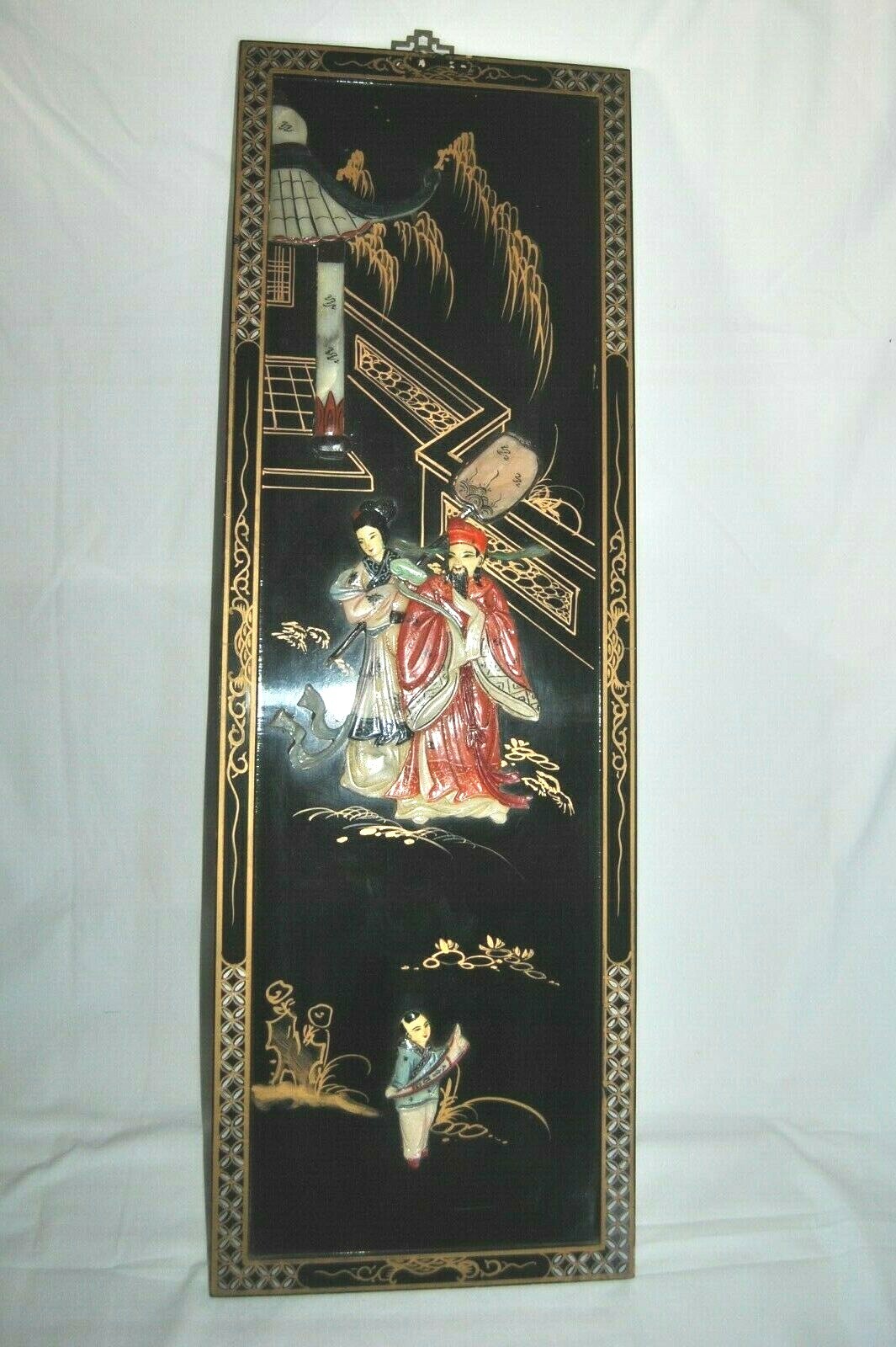 NICE Vintage Lacquer Chinese Carved Soapstone Wall Art Panel 12″ x 36″