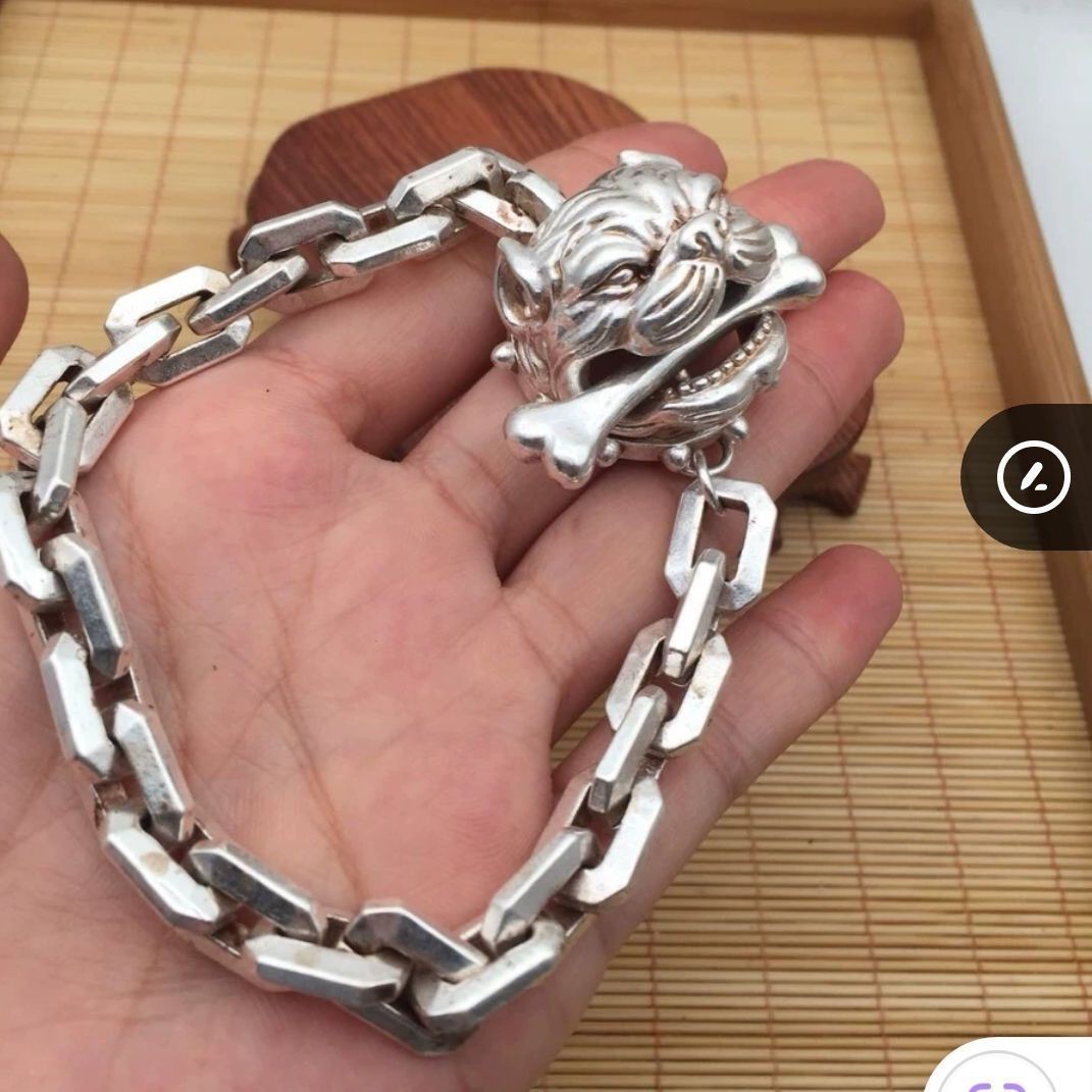 Silver Plated Alloy Men Bracelet Dog Head Bite Bone Punk Style Fashion Jewelry