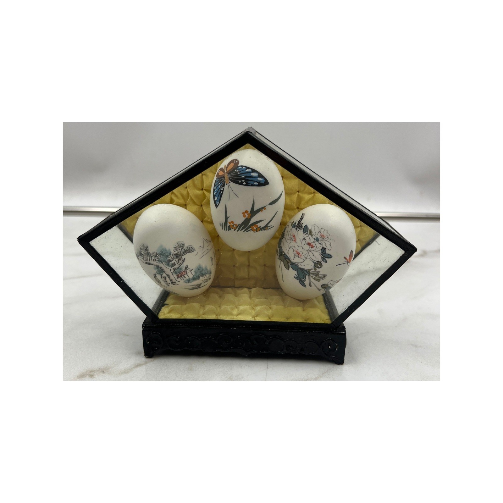 Vintage Chinese Hand Painted Egg Art Set 3 Butterfly Floral Landscape Glass Case