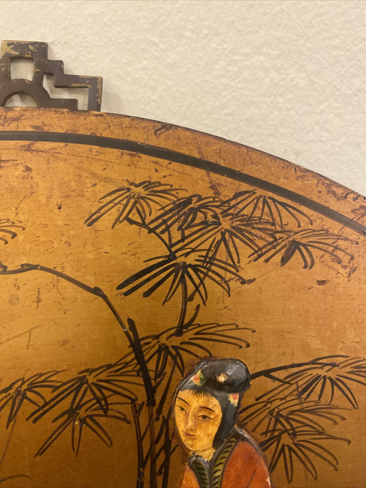VTG Chinese Lacquered Wooden Painted & Carved Fan Wall Hanging Plaque 18” X 10”