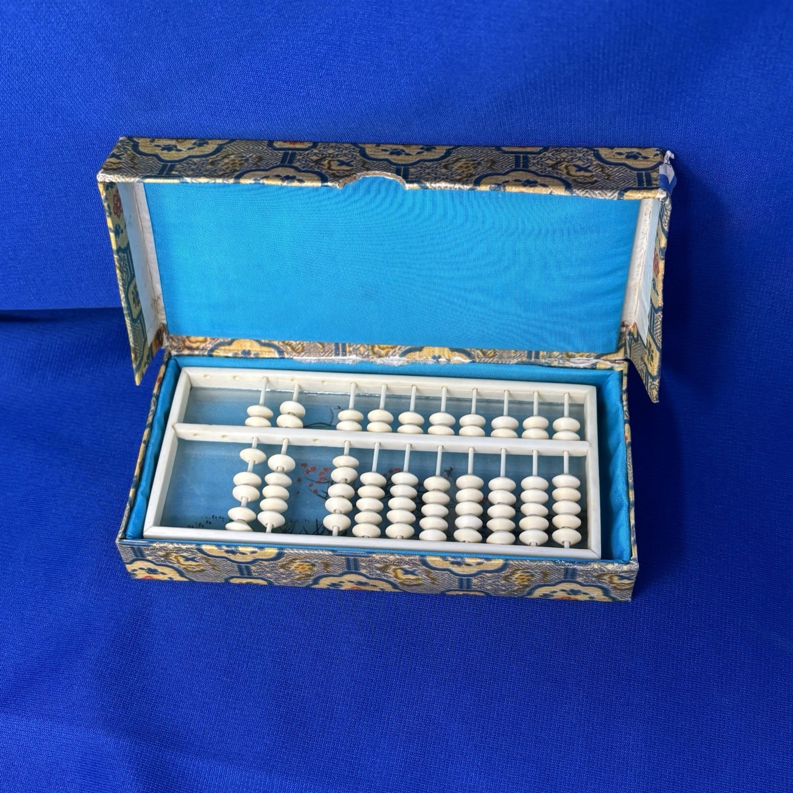 Small Vintage Chinese Suanpan Abacus Painted Glass Fabric Box PRC