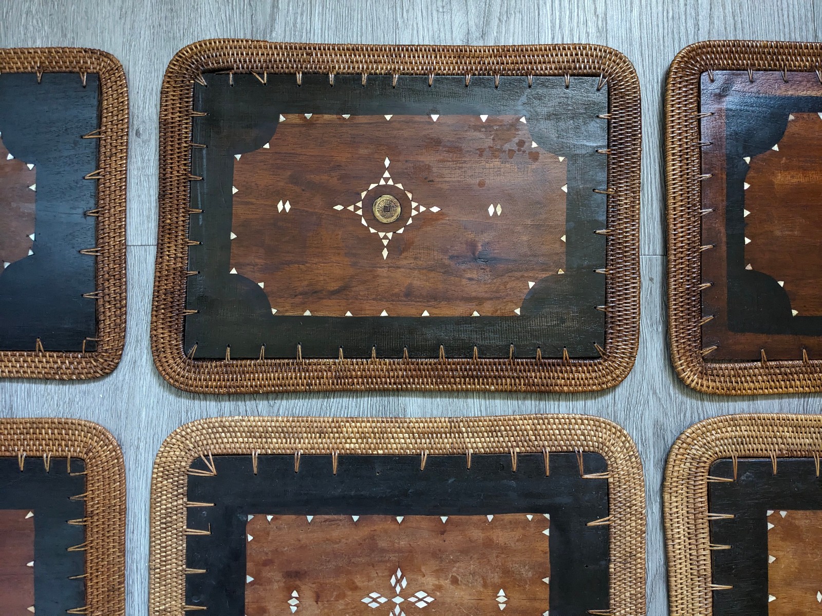 Vintage Mid Century Rattan Wood Placemats Shell Inlay Chinese Coin Boho Set of 8