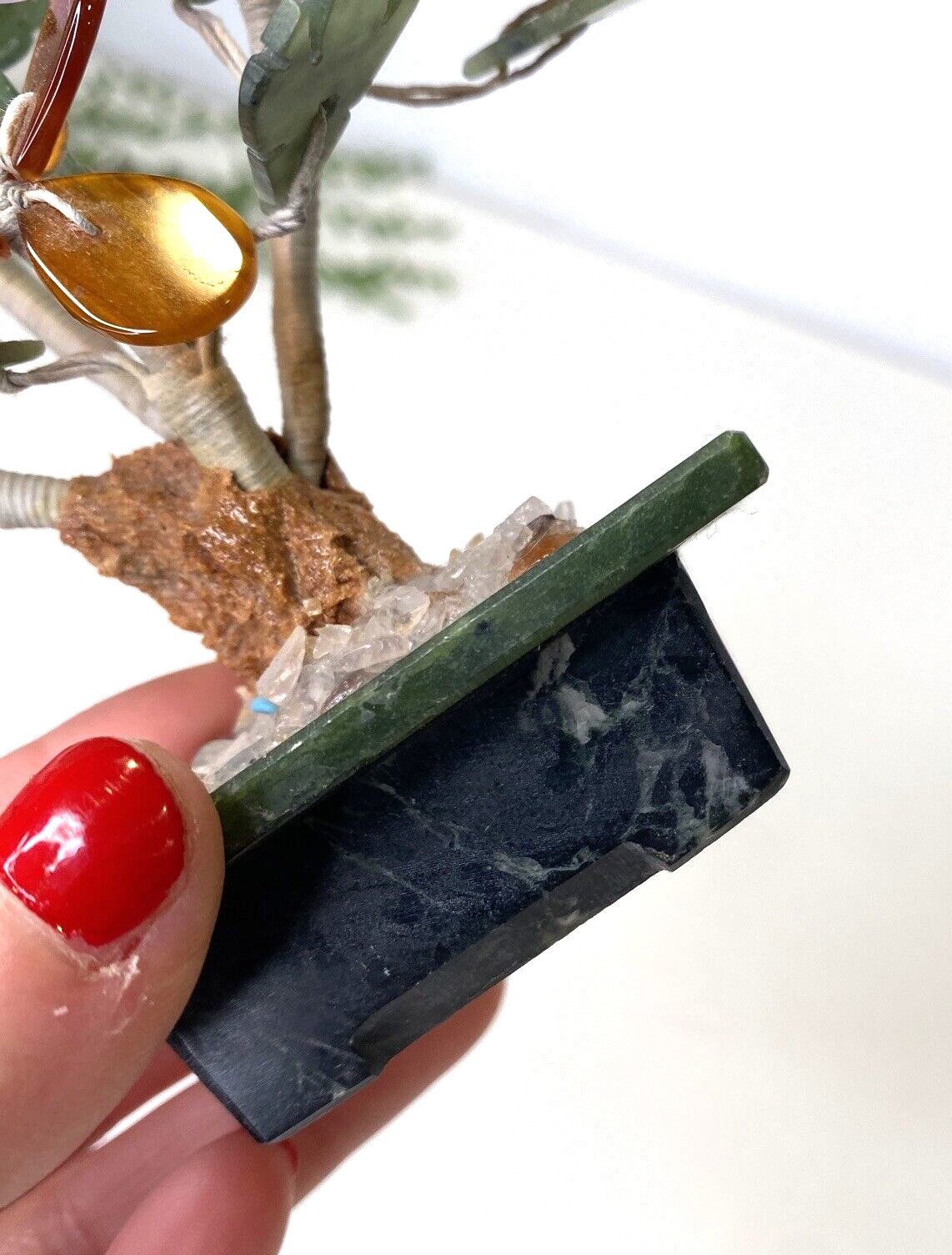 Vintage Bangkok Thailand Natural Polished Stone Flower Tree Jade Amber Blue