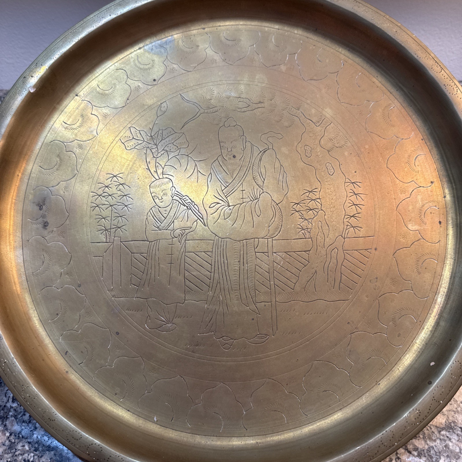 Vintage Chinese Brass Etched Tray Old Man & Boy 12”