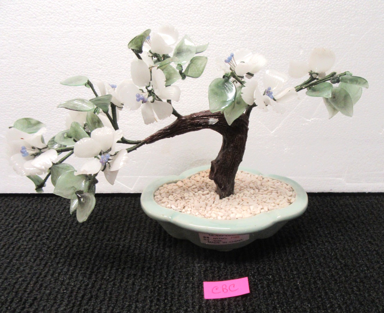 Vintage Chinese Jade Glass Bonsai Tree 12″ Wide x 8″ Tall White/Blue Flowers#CBC