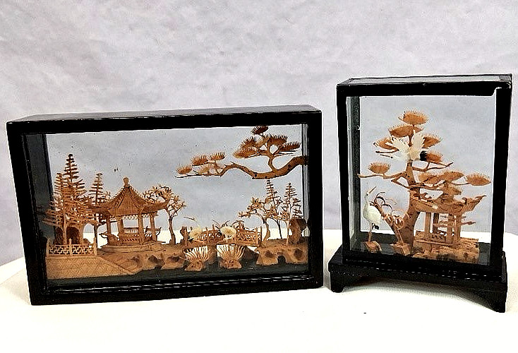 2 Chinese Scene 3D Hand Carved Cork Dioramas Black Lacqured Wood & Glass Cases