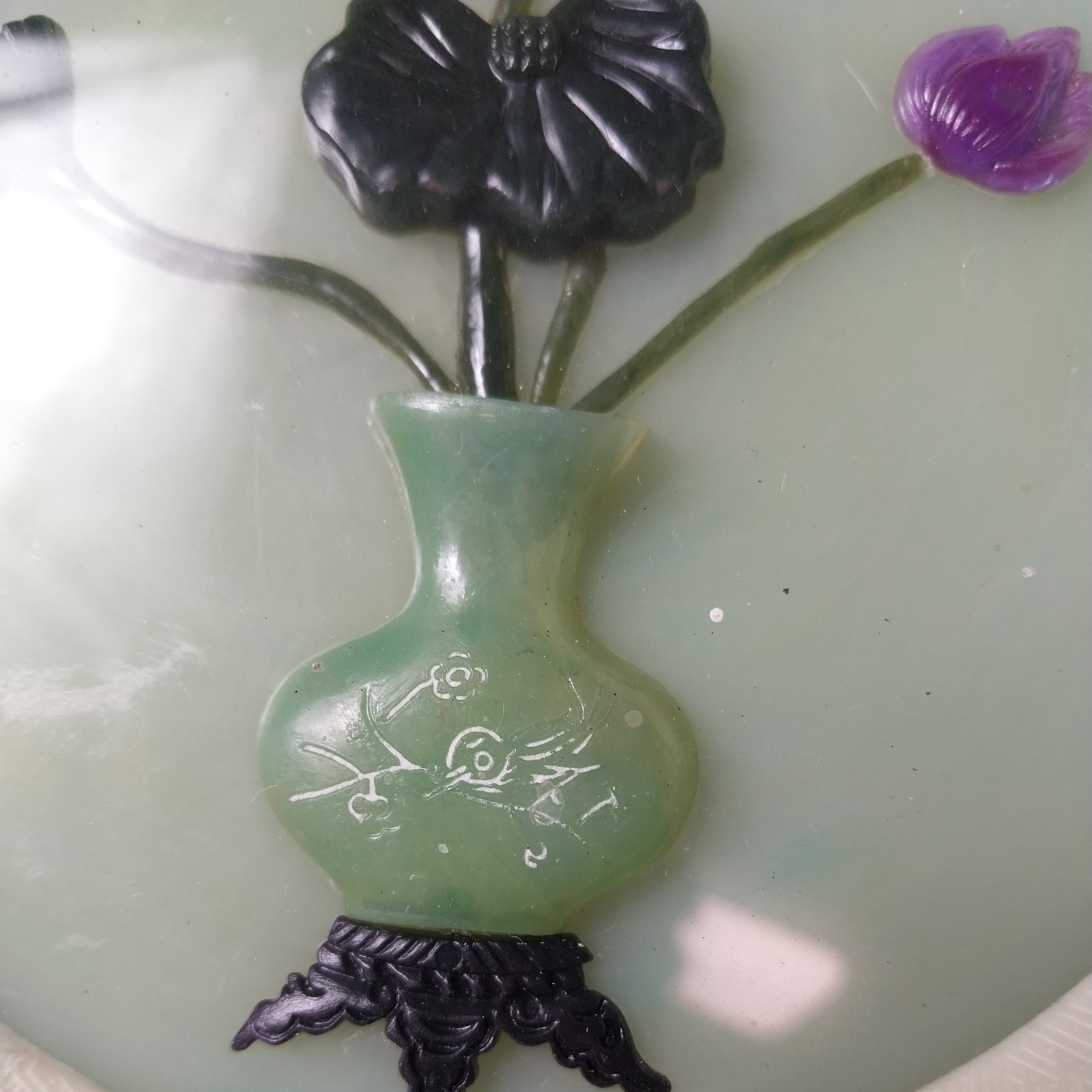 2 Vintage Chinese Carved Jade And Coral Lotus Flower Blossom Framed Wall Art