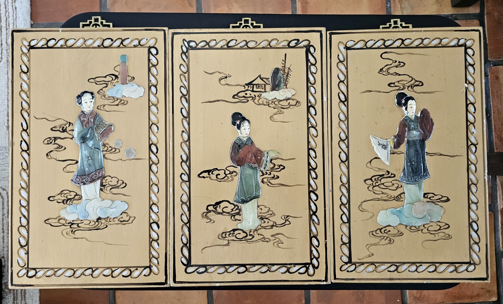 3 Painted Wood ASIAN ART PANELS Inlaid Stone 3D Geisha Figures Chinese VTG Decor