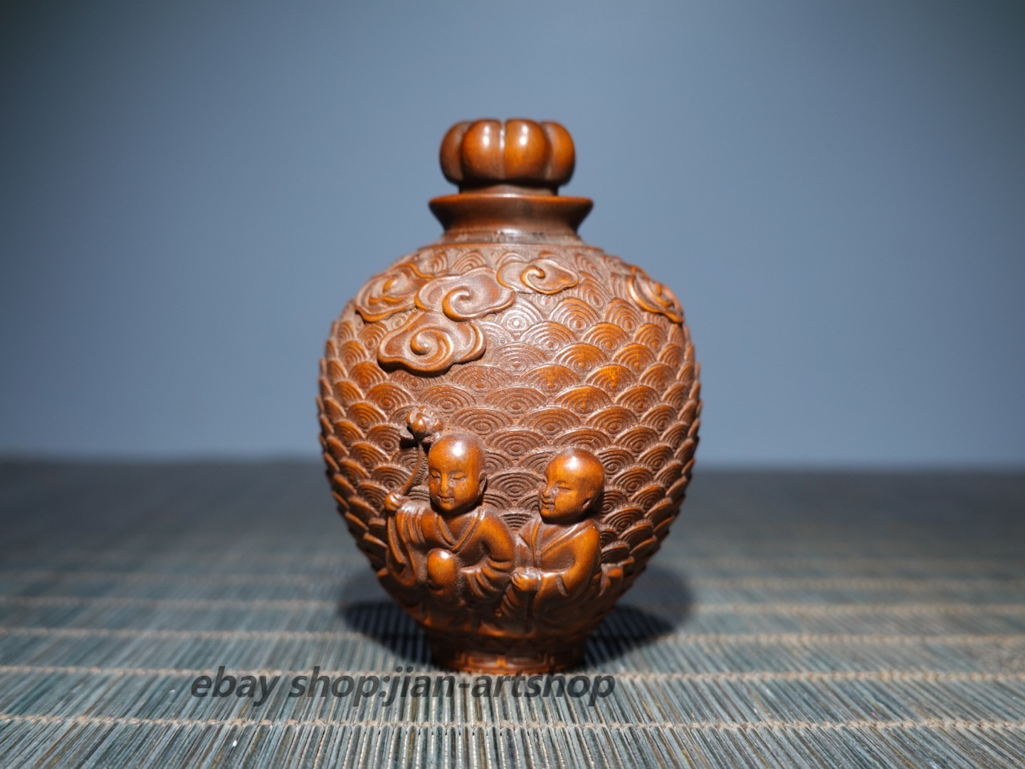2.8″ Collect China Box-wood Carving Auspicious Clouds Children Snuff Bottle