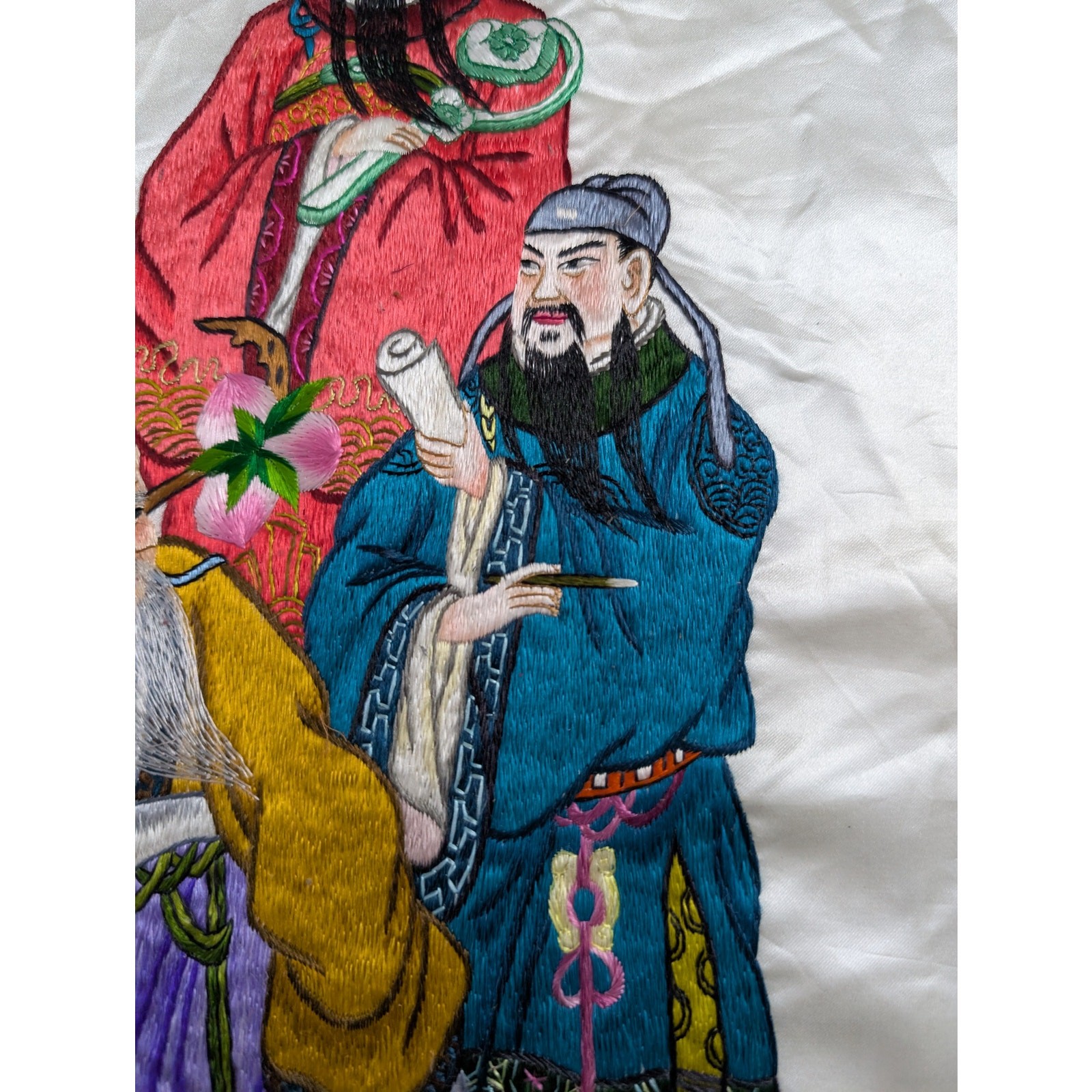 Vintage Chinese Hand Embroidered Three Immortals Fu Lu Shou Tapestry 23x14in
