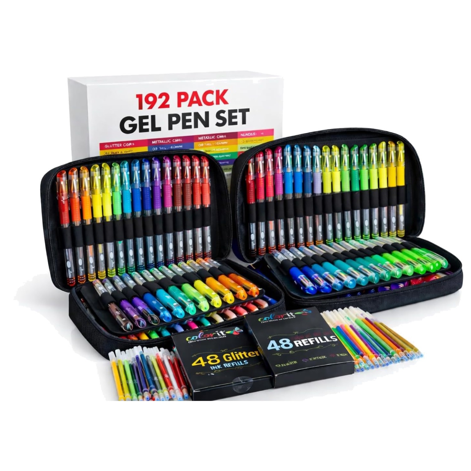 192 Gel Pens Set – Metallic, Neon, Glitter – 2 Cases