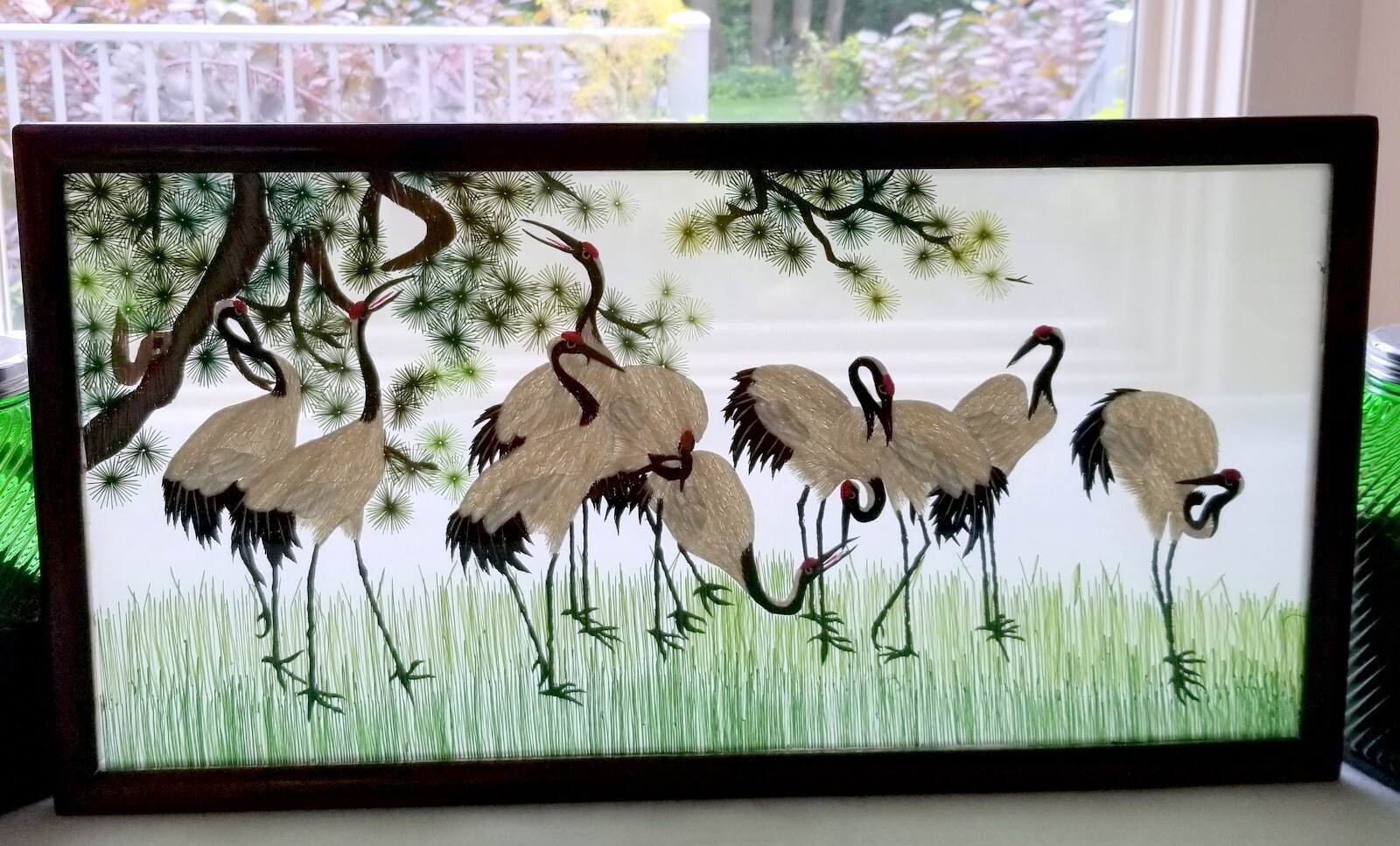 Vintage Chinese Su Silk Embroidery Double Sided Frmd 20.5″ Red Crowned Cranes