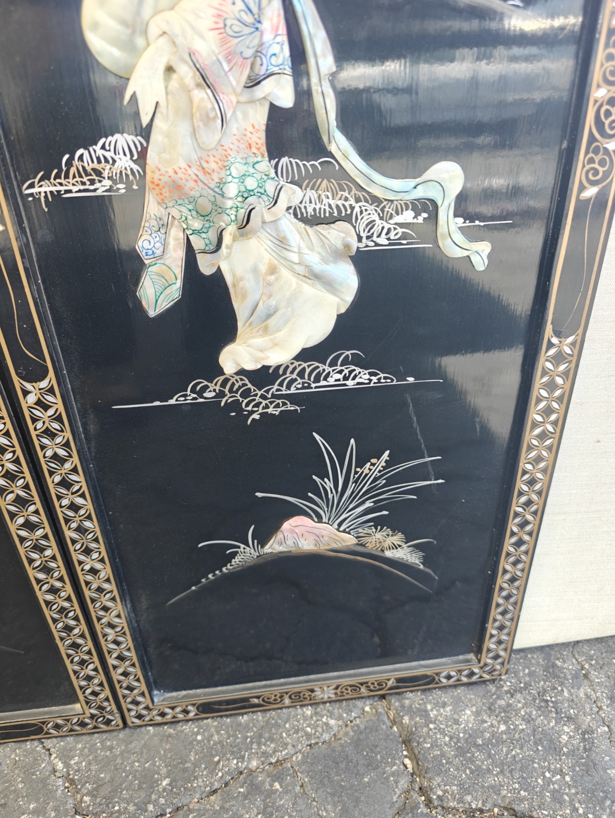 2 Vintage Mother Of Pearl Framed Art Wall Plaques Asian Black And Gold.