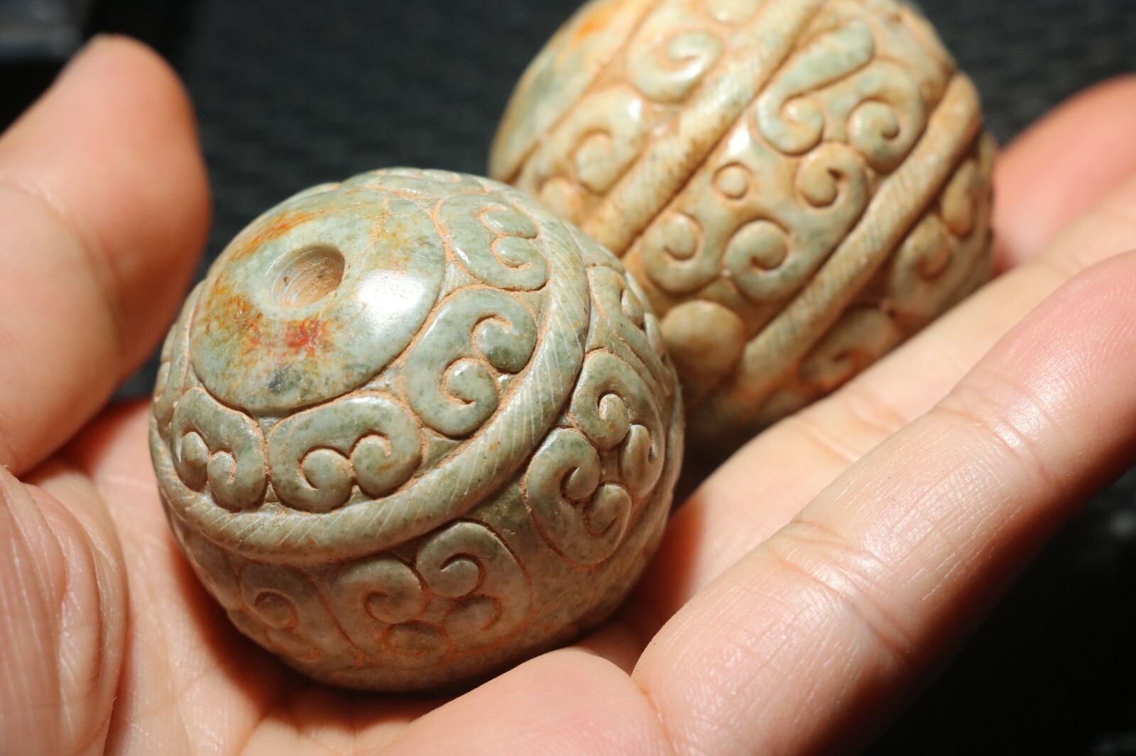 Pair of Chinese Hetian Old JADE Linking Fortune Large Ball Sphere 40MM Amulets