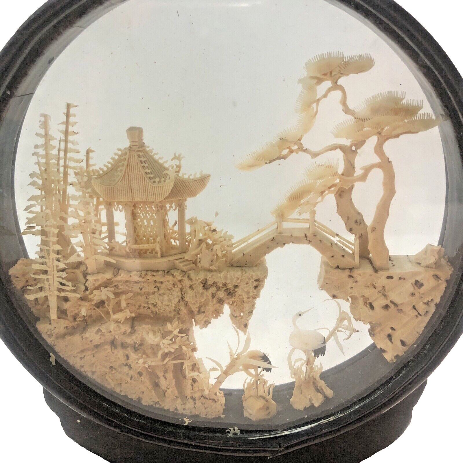 Mid 20th Century Chinese Cork Carving Landscape Art Pagoda Trees Cranes 6 1/2”