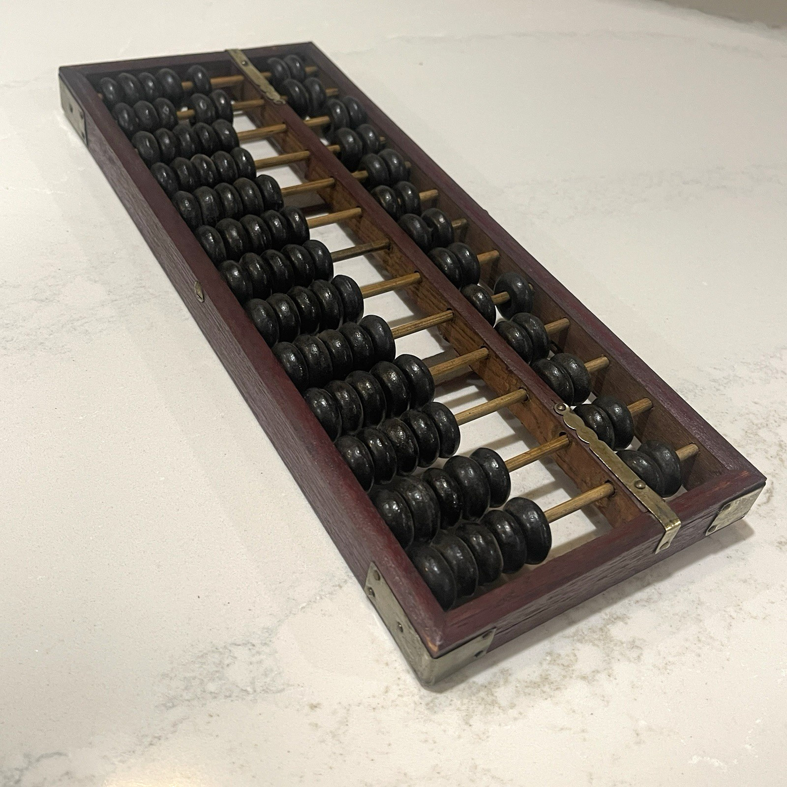 Vintage Abacus Brass Corners Chinese style Calculator Dark Wood 11 x 4.5 inch
