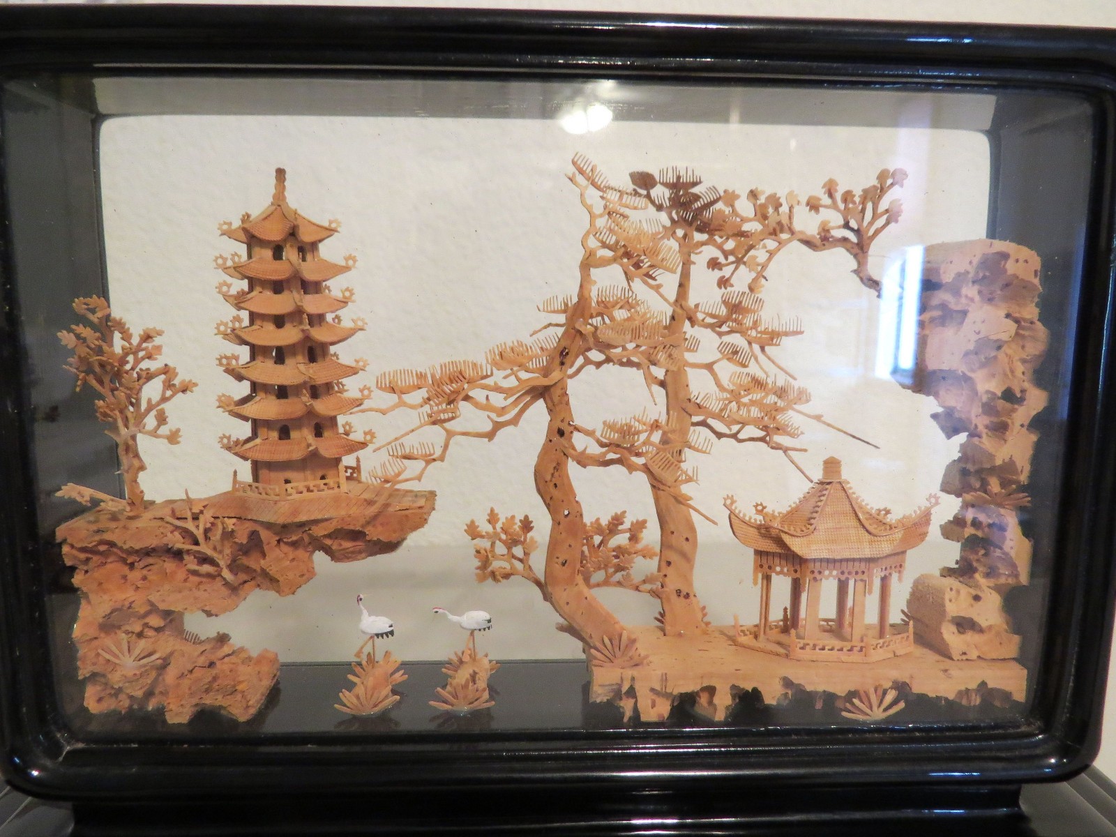 Asian Cork Diorama Pagoda Cranes Temple Trees 11 x 7.5