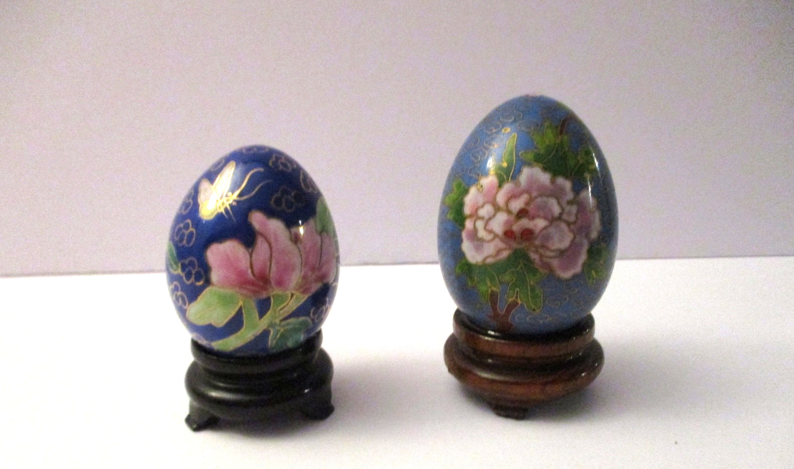 Vintage Chinese Black Cloisonné Enamel Copper Egg Pink Flowers Wood Stand In Box
