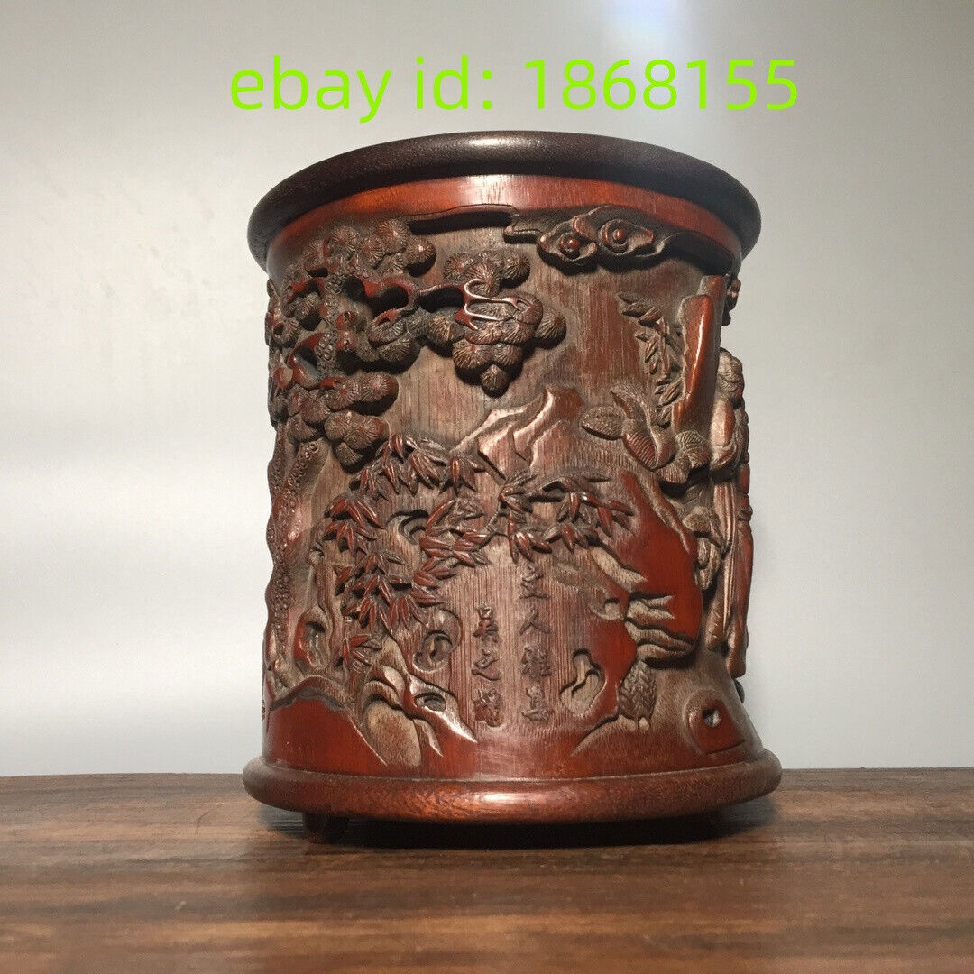6.5″ old Hand-carved four virtues of refined people statue bamboo Pen Brush pot