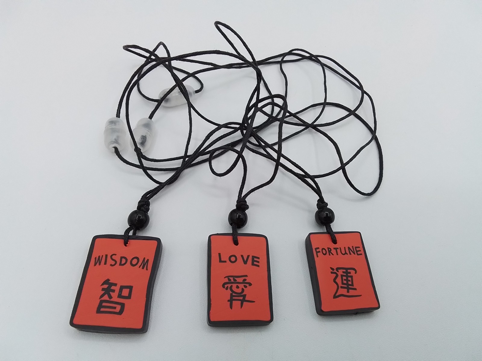 3 ASAIN CHINESE TILE 26″ NECKLACES LOVE WISDOM FORTUNE MYTHOLOGY PHILOSOPHY VTG