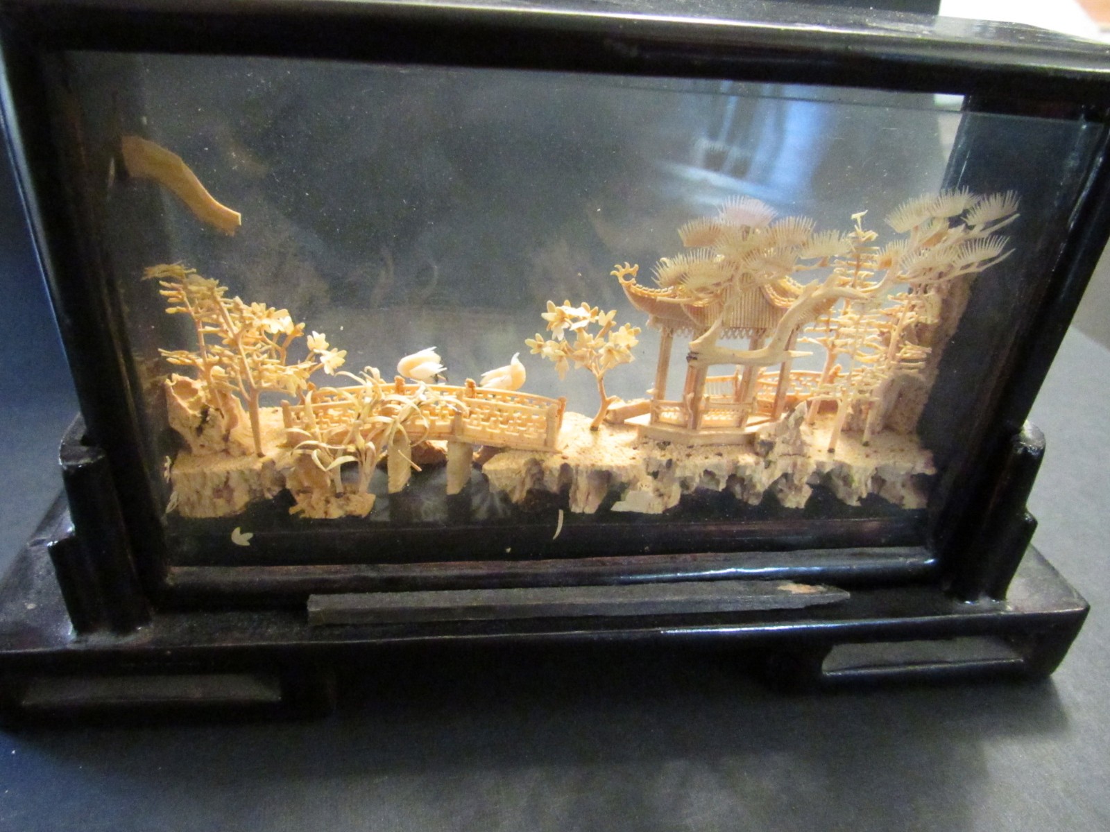 VTG Chinese San You Cork Art Hand Carved Diorama with Pagoda, Cranes, Trees LP-4