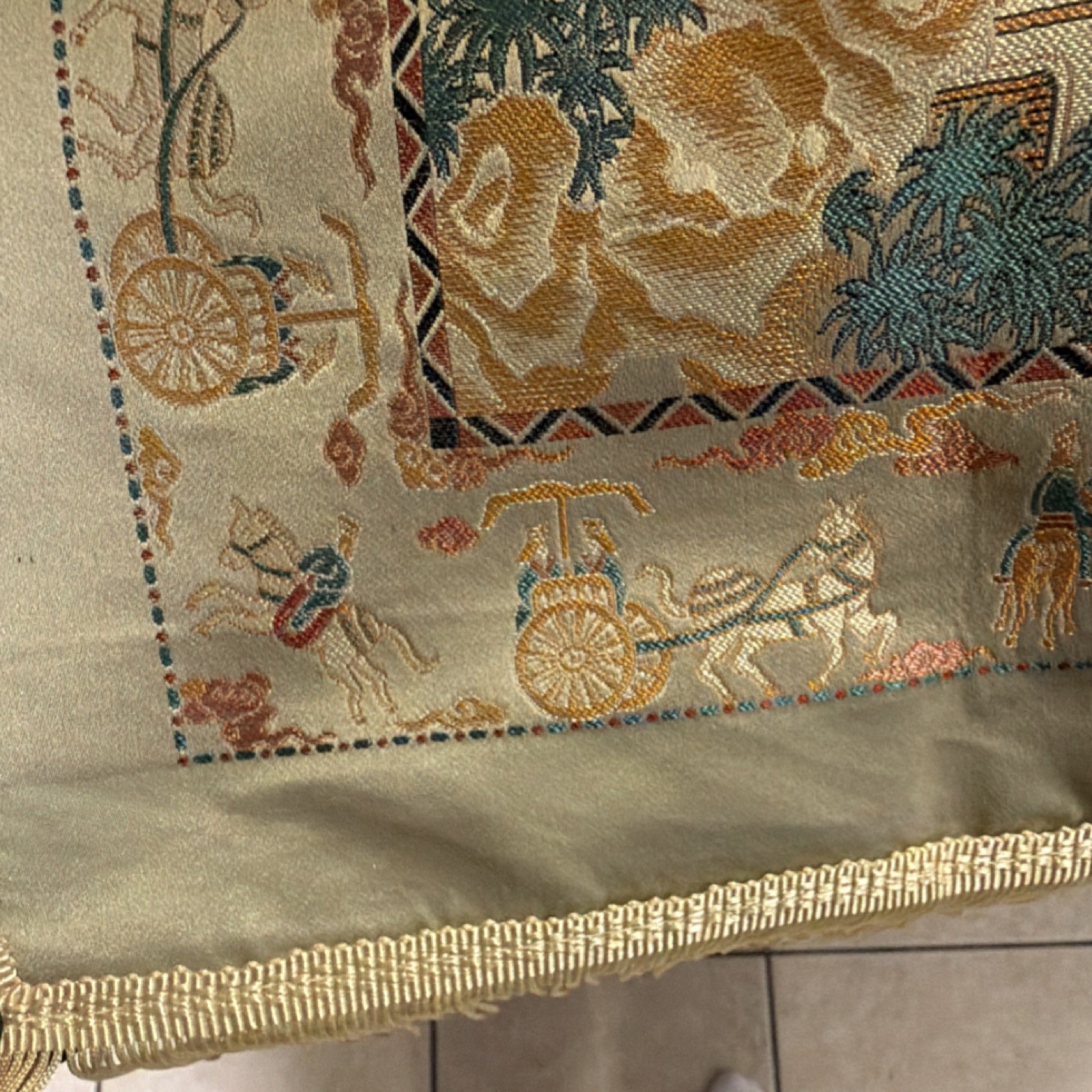 Chinese Decorative Brocade Tapestry with Pagoda and Garden Scene