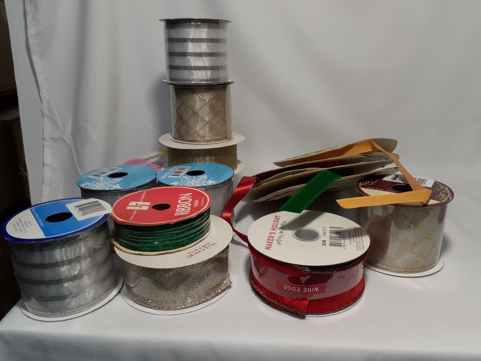14 Rolls of Christmas Ribbon, Brand & Size Varies, Velvet, Wired, Gold, Silver