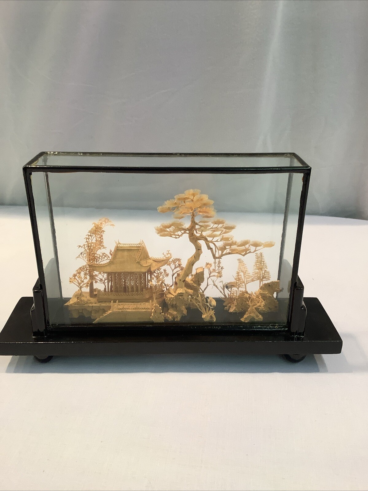 Fujian China 202 Vintage Hand Carved Cork Diorama Art Glass Wood Framed Picture