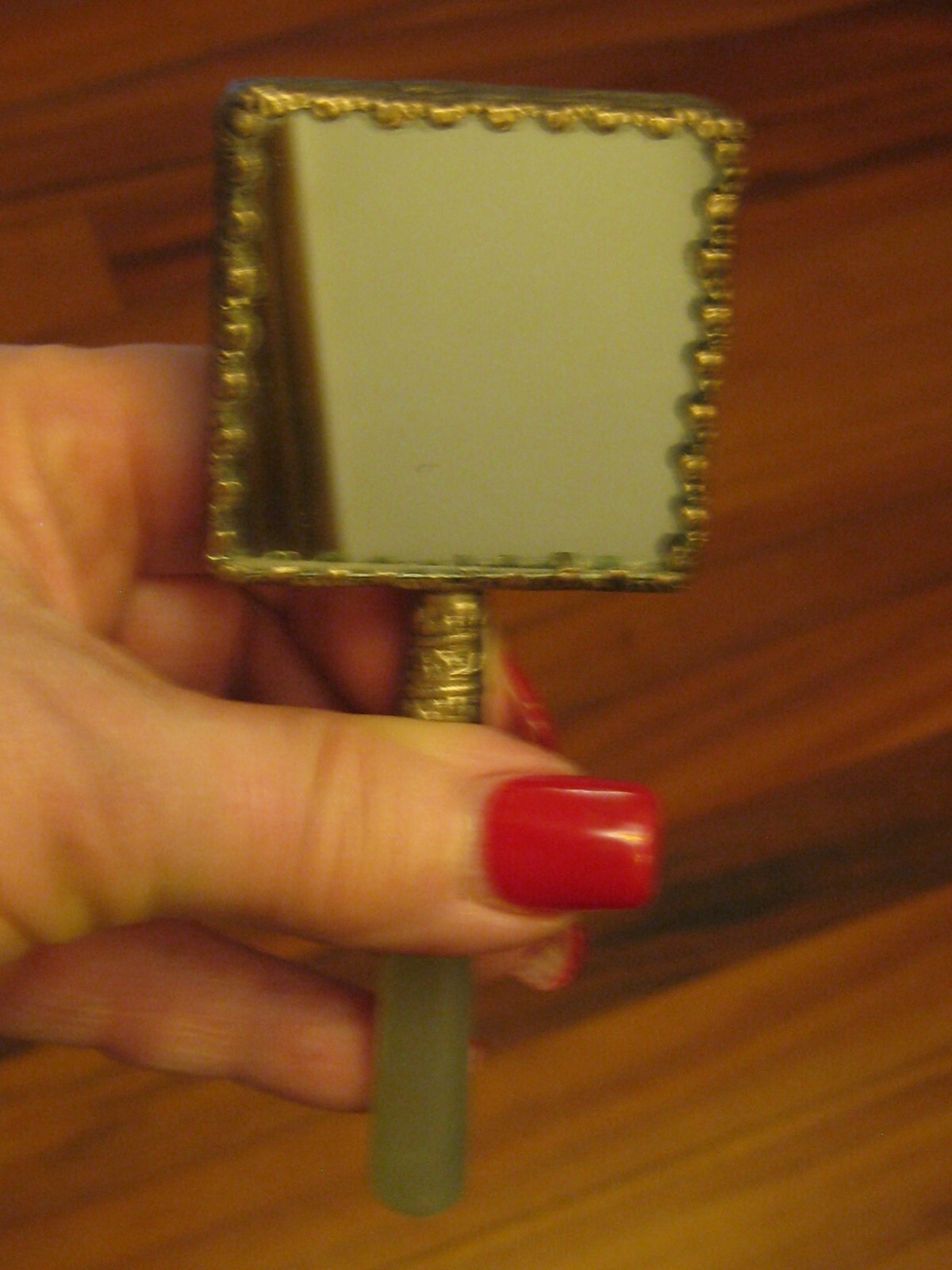 Vintage Small Asian Oriental Motif with Faux Green Jade Handle Mirror