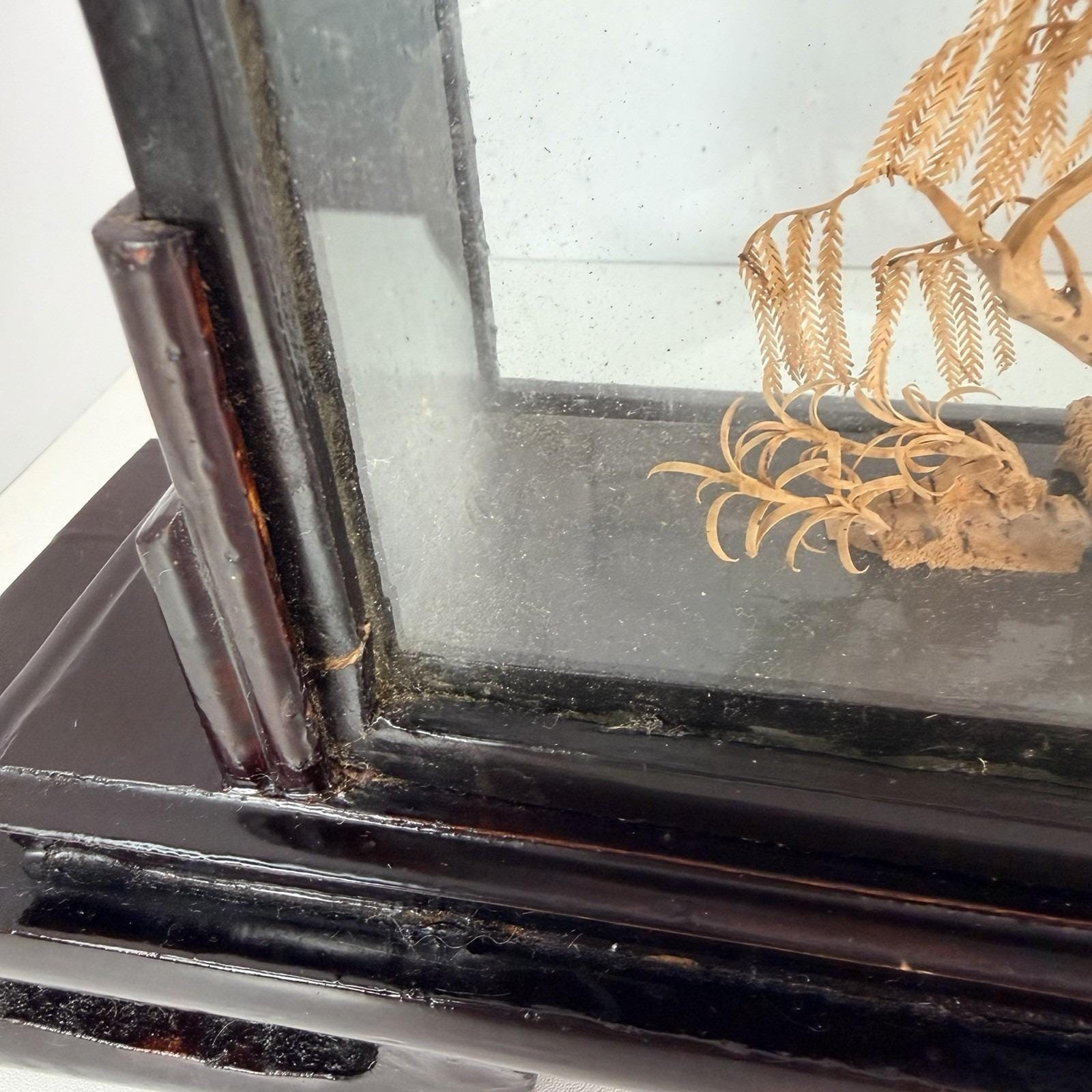 Vintage San You Chinese Cork Diorama Glass Case Black Wood Plinth 19.5×10″x3.5″