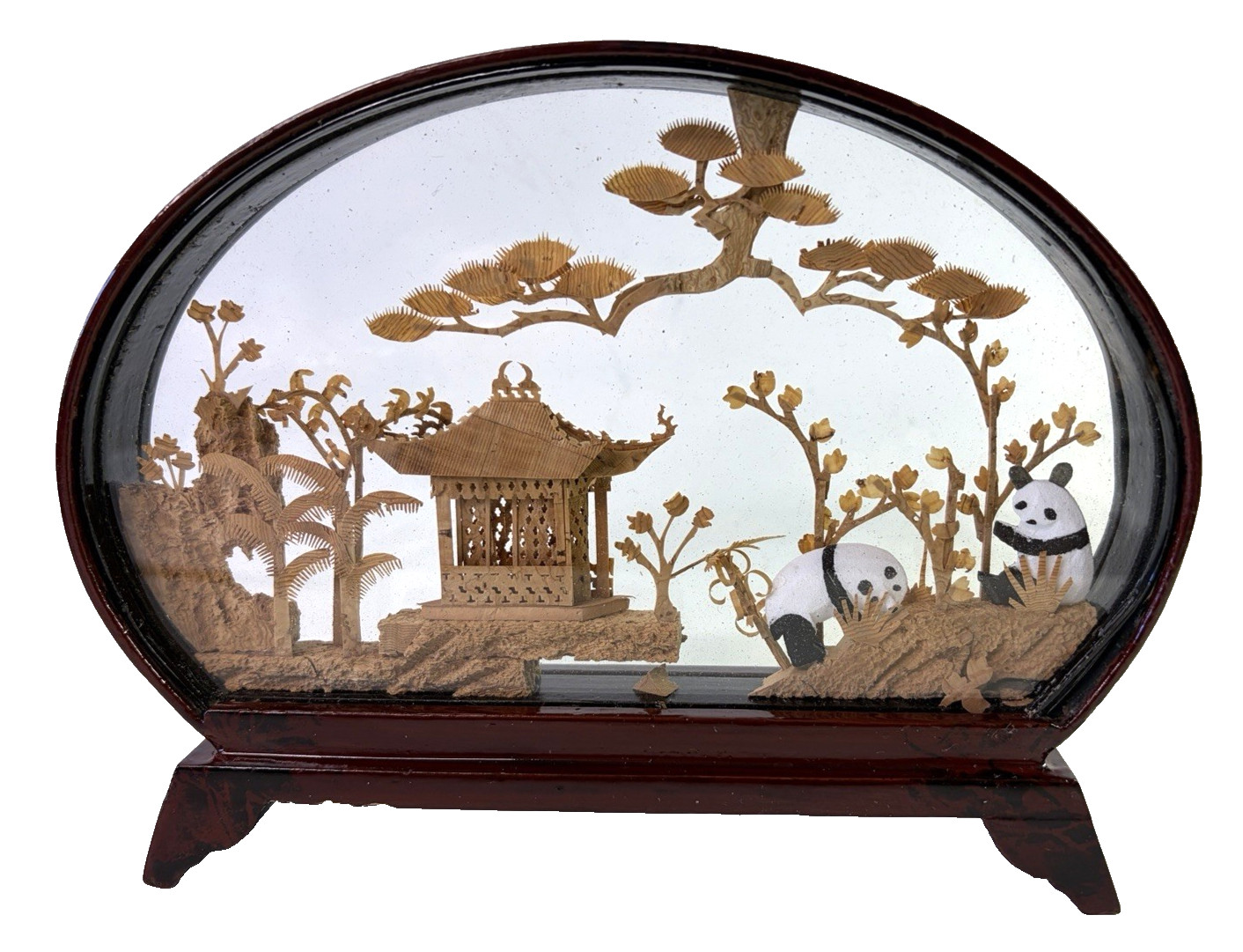 Chinese Carved Cork Art Diorama Pandas Pagoda Bamboo Trees VTG 8″