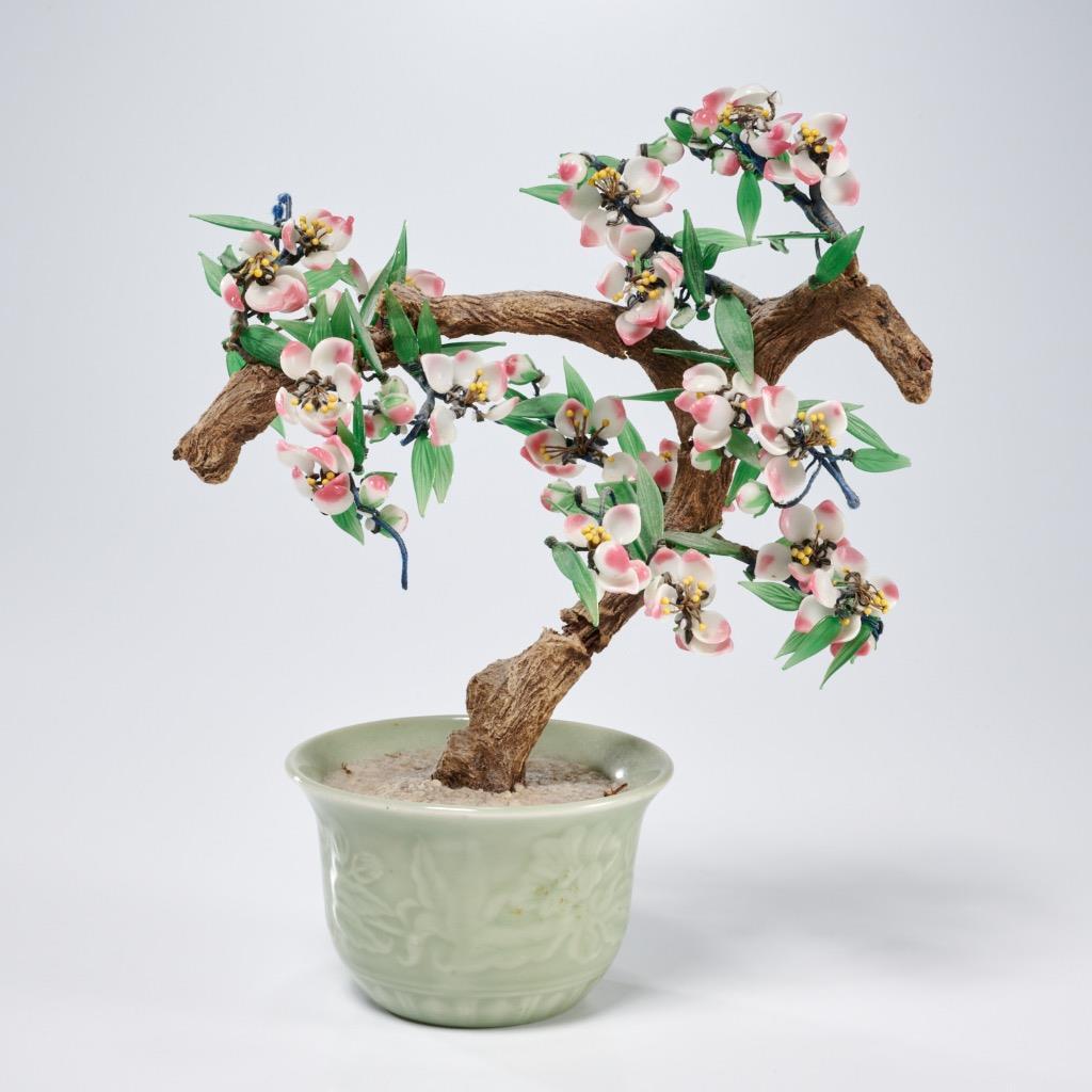 Chinese Jade Glass Stone Bonsai Multicolored Celadon Pot Trees 2pc Lot 17″l 8″l