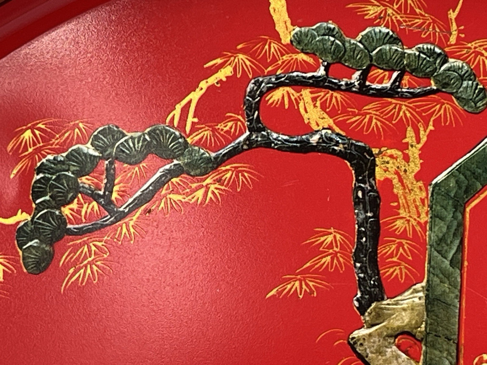 Vintage 13.5″ Tin Tray Chinese Three Star Gods Fu Lu Shou Chinoiserie Red Gold