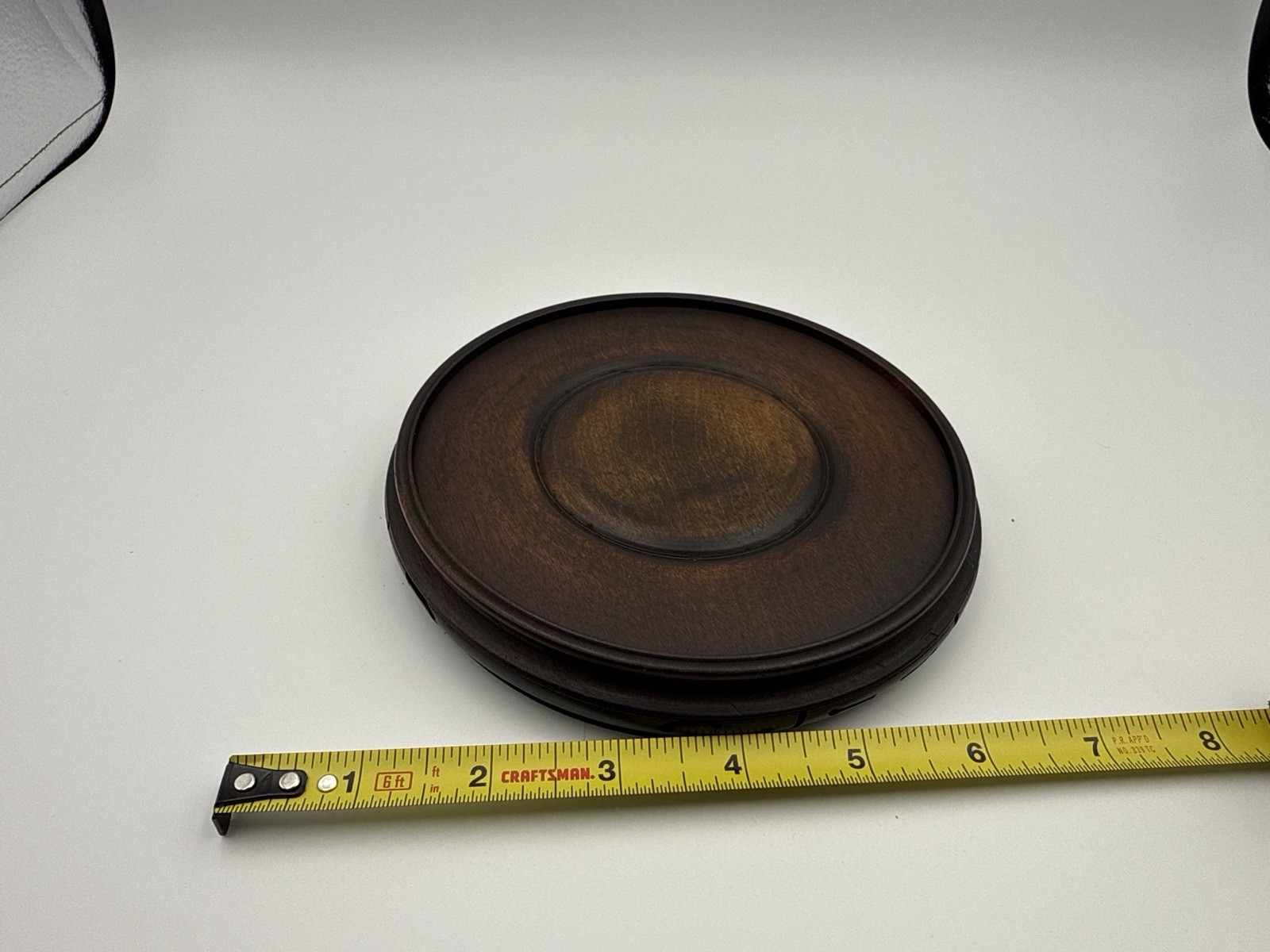 Antique Chinese Hardwood Round Display Stand 6.25” Base w/ Greek Key Carving