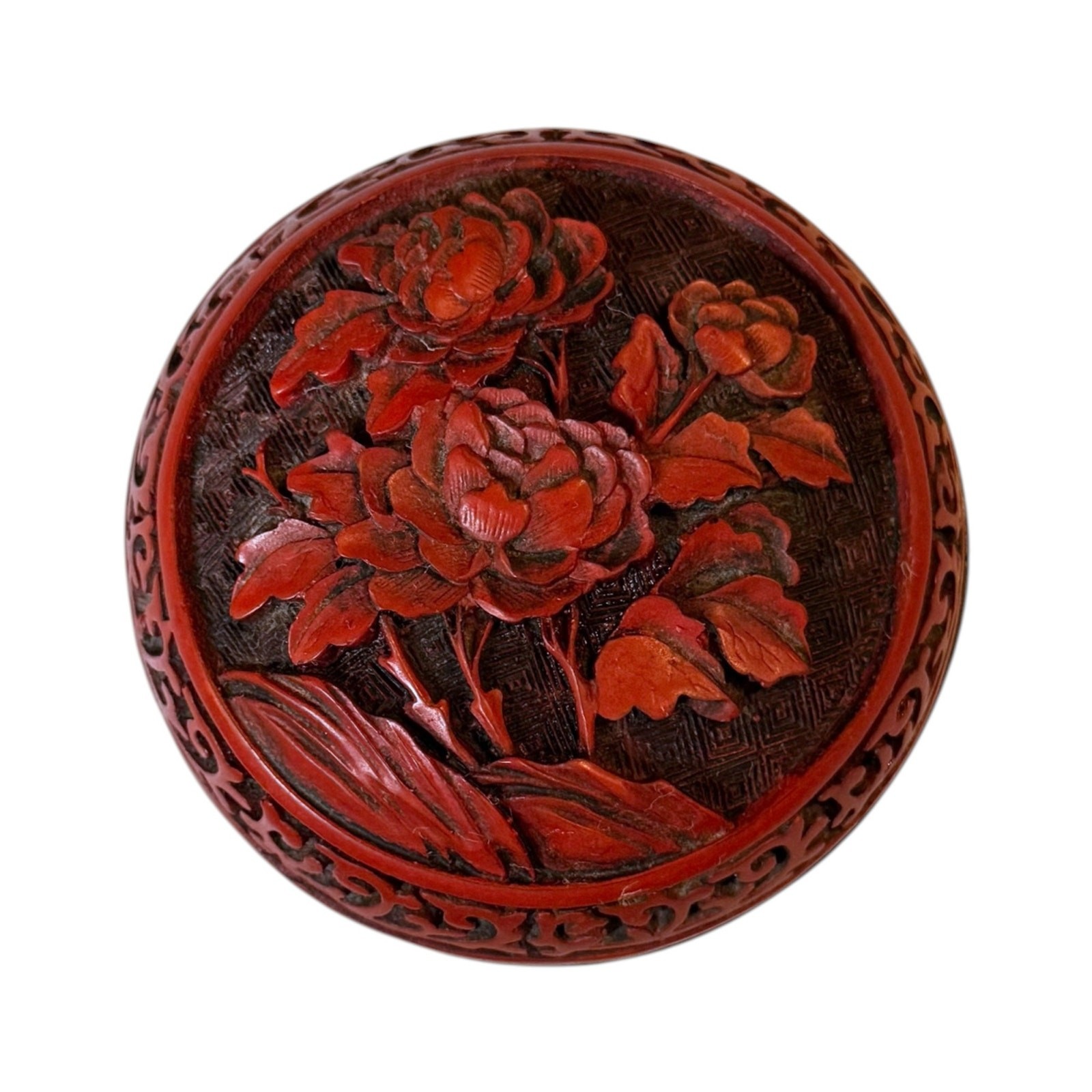Antique Chinese Cinnabar Hand Carved Floral Peonies Ink Trinket Box 3.25” x 2”