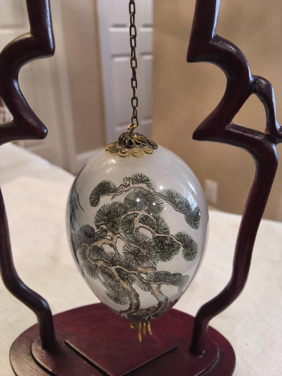 VTG Chinese Reverse Hand Painted Glass Egg Wooden Stand Sophisticated Elegant A1