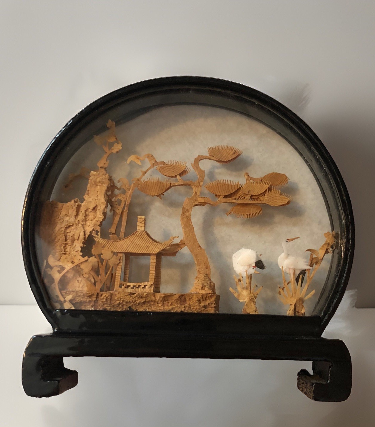 Chinese Hand Carved Cork Diorama Trees Birds House 3D Glass Dark Wood Frame Art