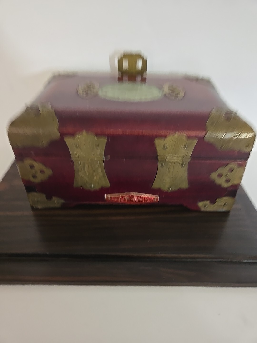 Jewelry Box Wooden Brass Accents Shangai Jade Detail VTG