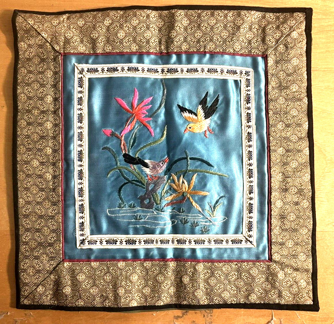 Chinese Silk Hand Embroidered Birds & Flowers Panel 11″ x 11″