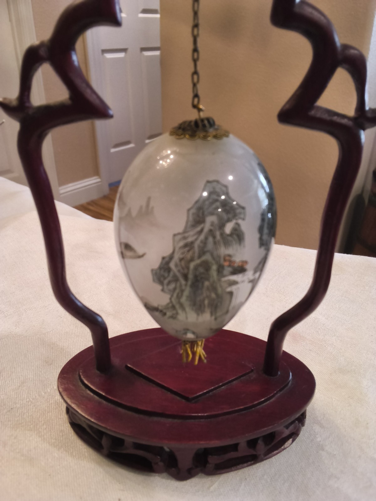 VTG Chinese Reverse Hand Painted Glass Egg Wooden Stand Sophisticated Elegant A1