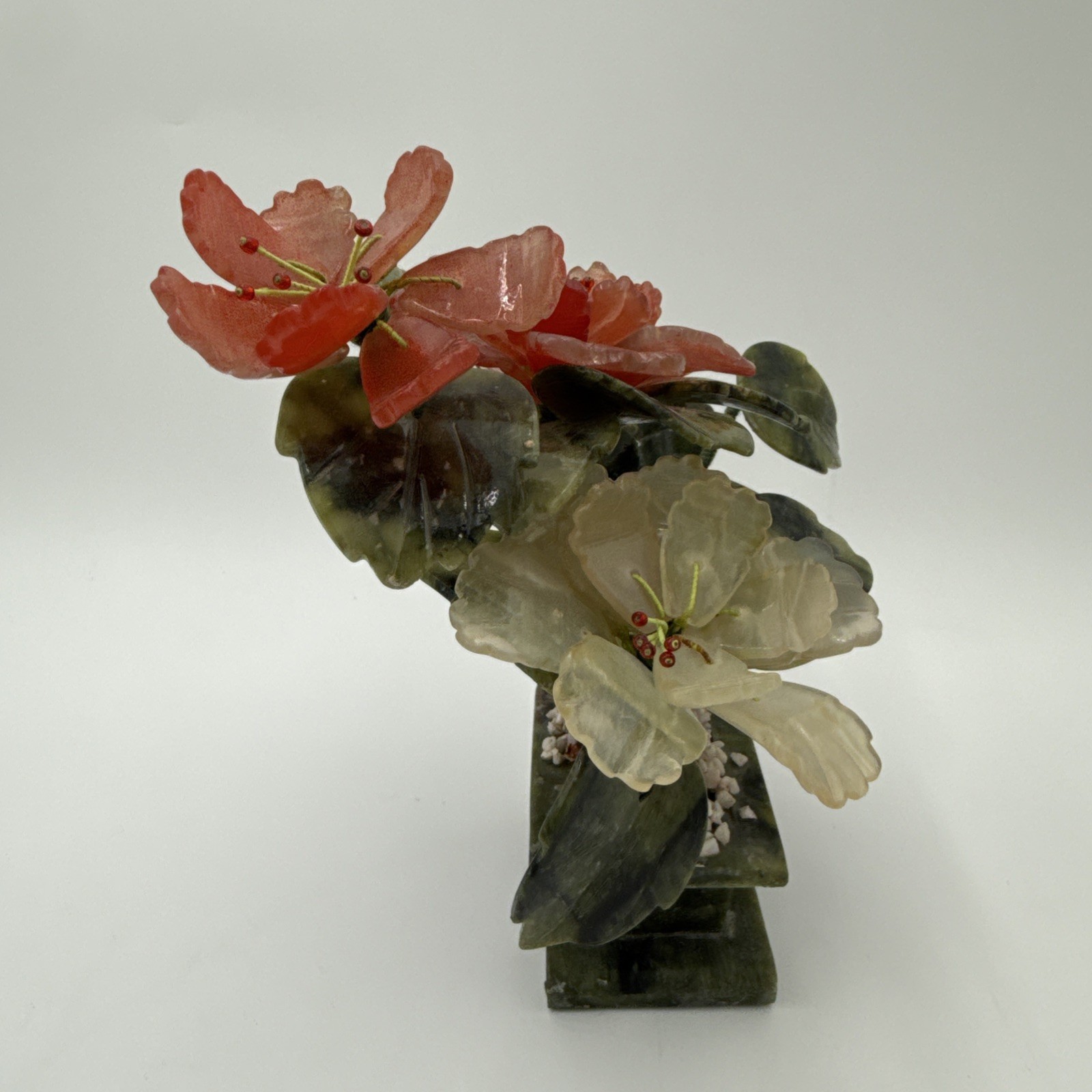 Vintage Chinese Jade Quartz Bonsai Tree Floral In Celadon Pot Carved Flower Tree