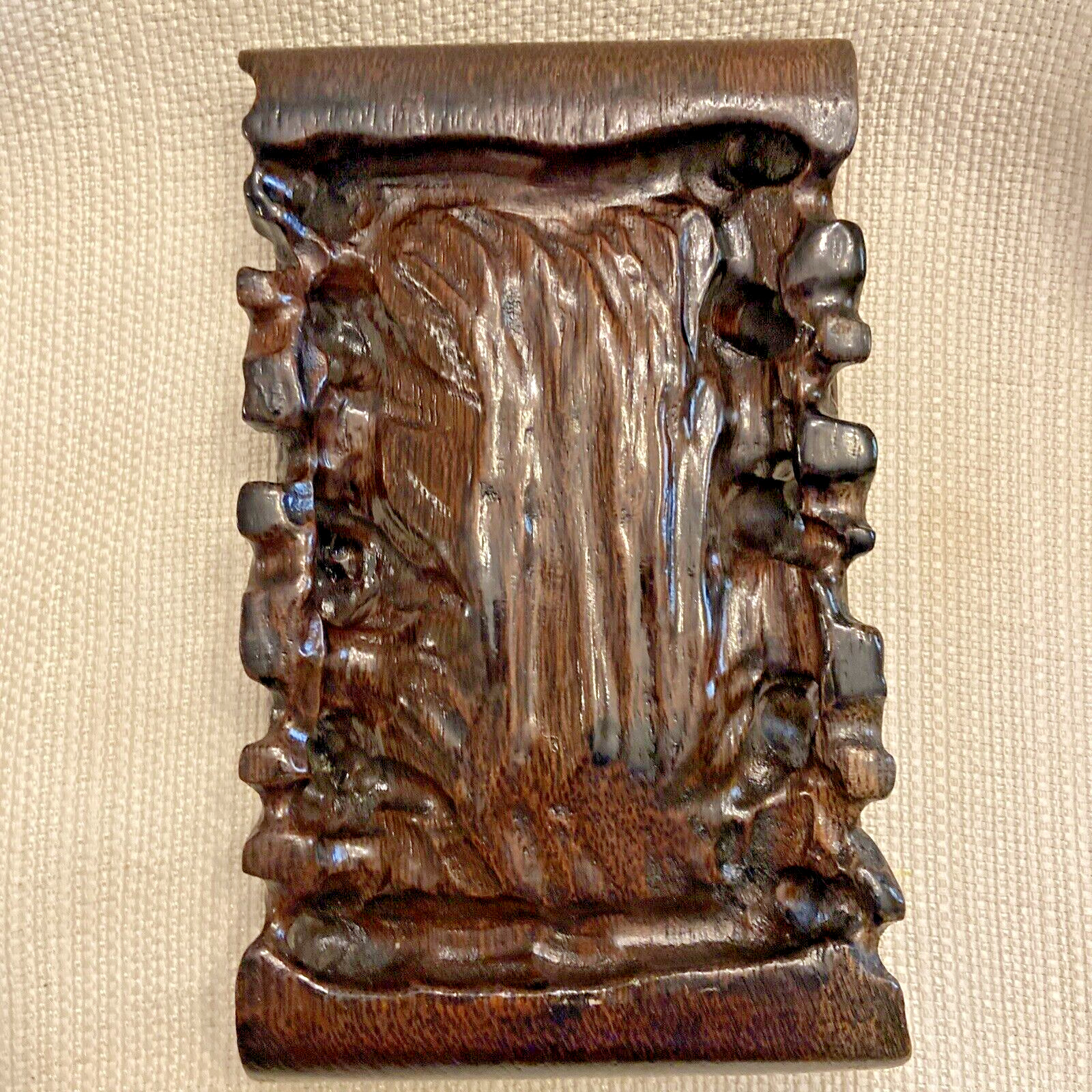 VTG 7.5″ UNIQUE CARVED WOOD RECTANGULAR VASE LAMP JAR BONSAI PLANT STAND BASE