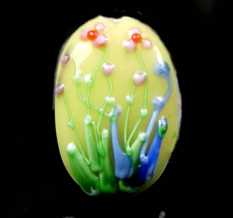 Handmade Lampwork Glass “Water Flower” Pendant Oval Bead – Yellow (1)