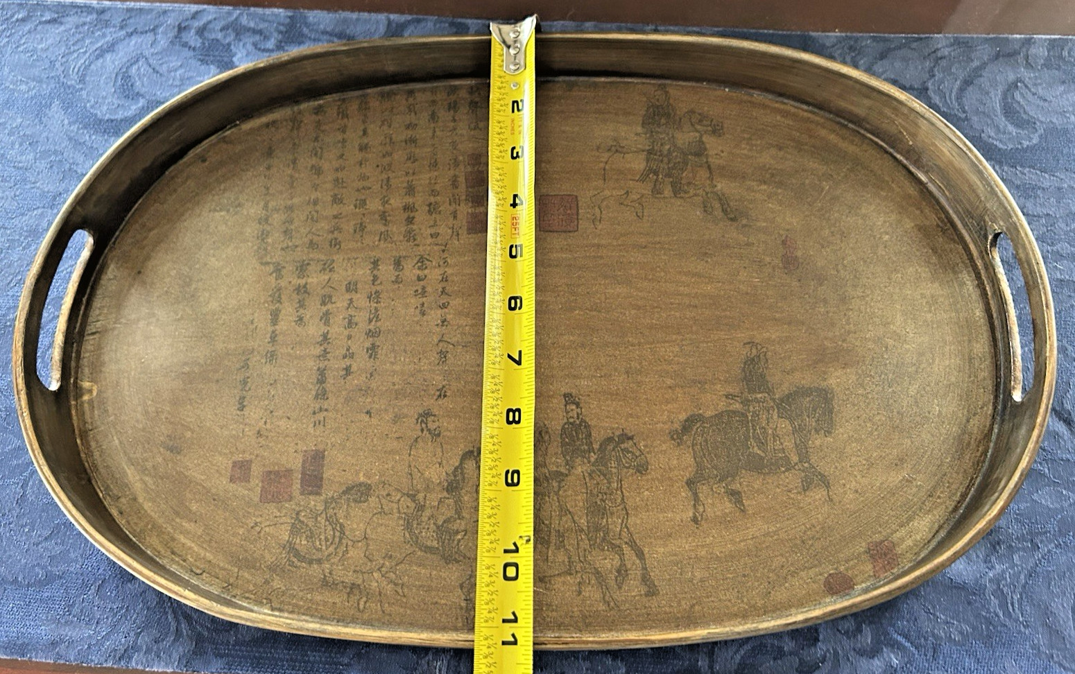 Vintage Chinese Wooden Oval Tray w/ Hand Painted Equestrian Scene, Calligraphy