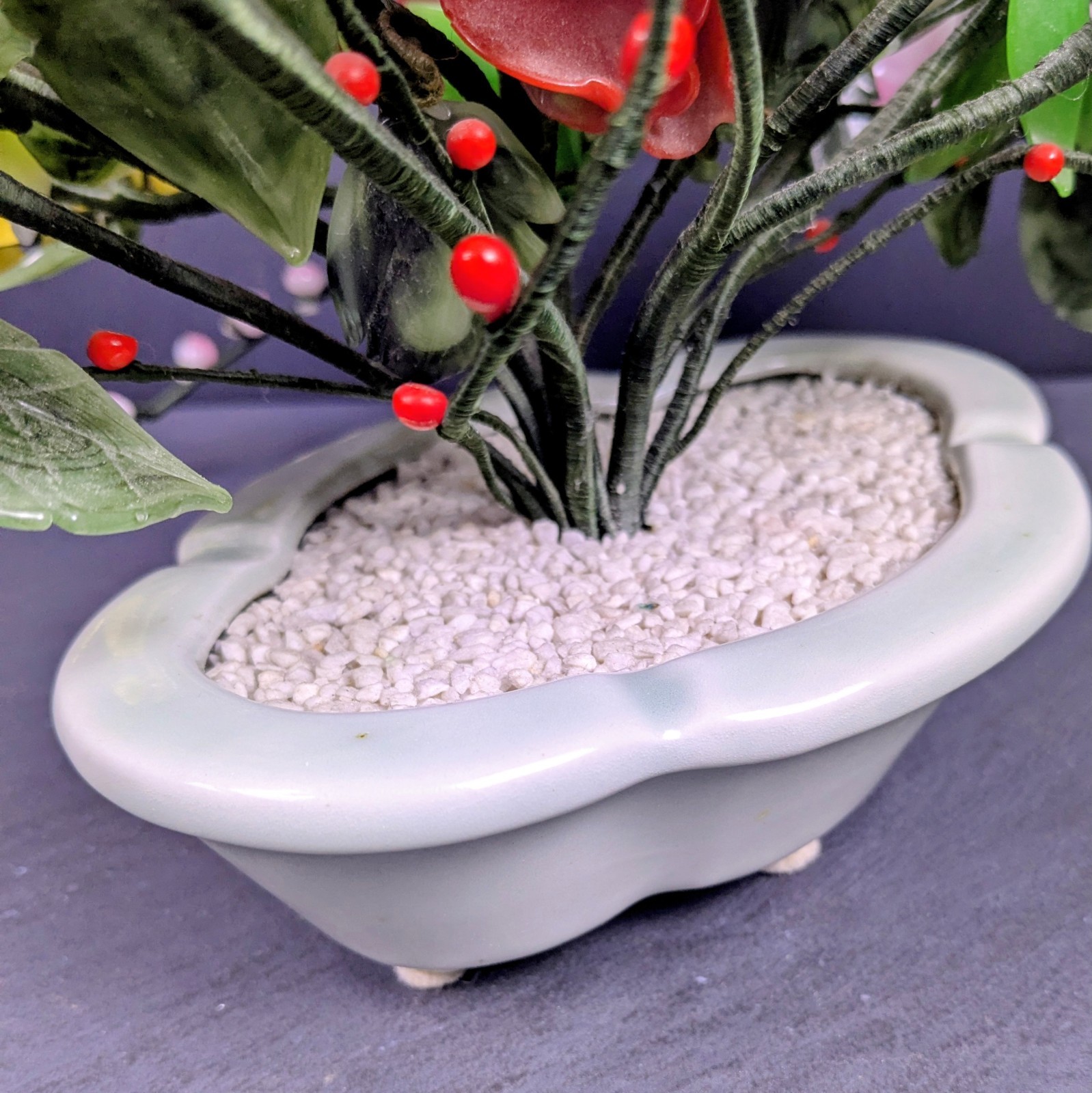 Vintage Jade Style Glass Flower Arrangement Asian Bonsai Planter Pink Red Purple