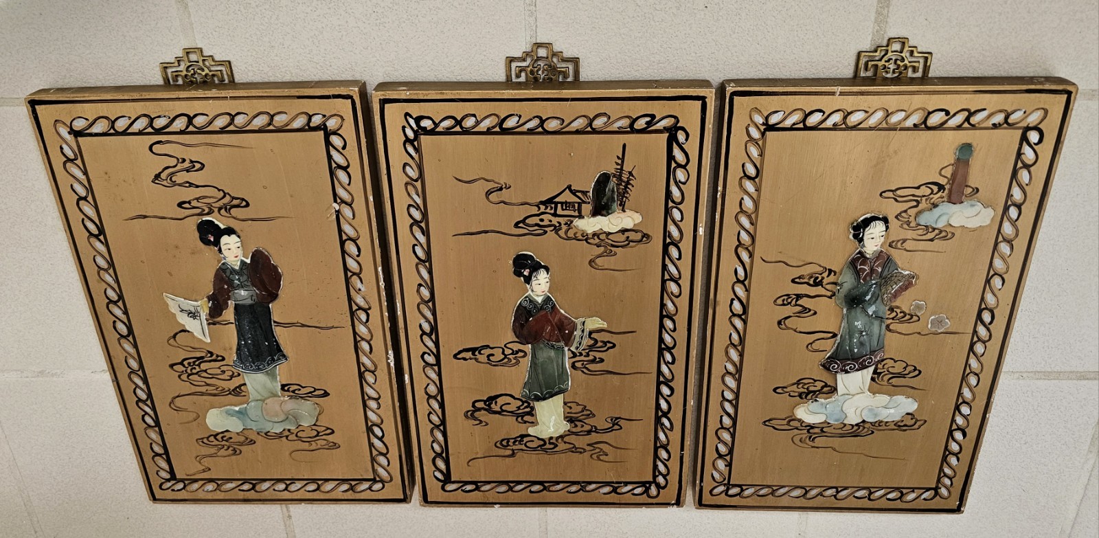 3 Painted Wood ASIAN ART PANELS Inlaid Stone 3D Geisha Figures Chinese VTG Decor