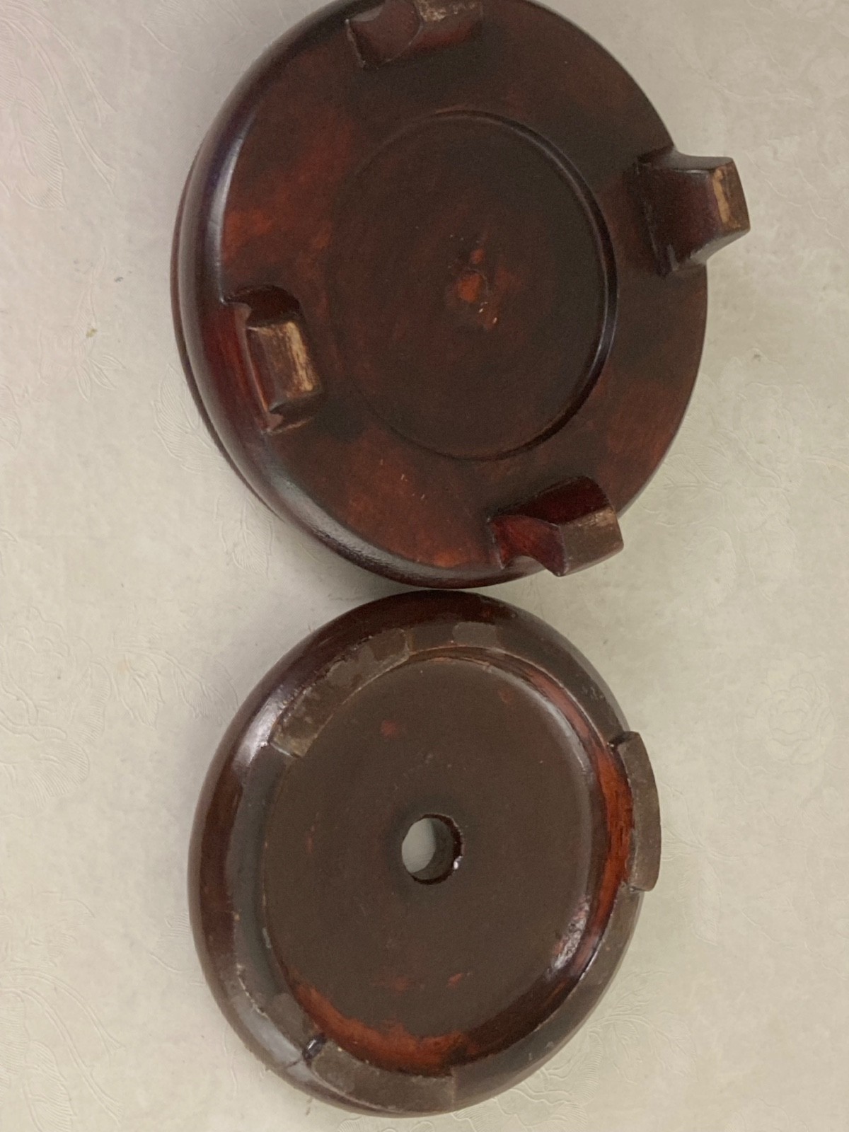 2 Asian Rosewood Hand Carved Round Bases- one w/hole, 2nd solid, 3 footed