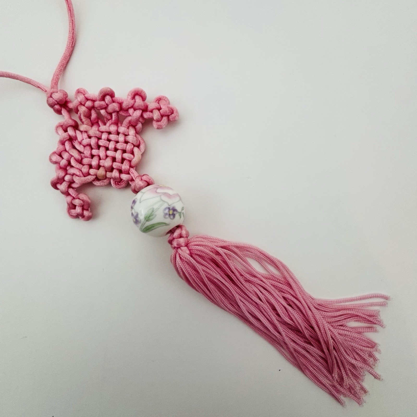 Oriental Chinese Lucky Knot Hanging Porcelain Ornament Pink With Tassel